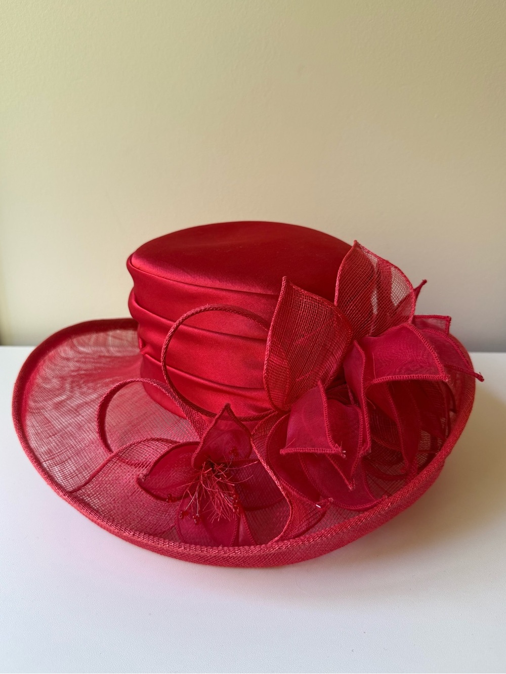 Red Satin Church Hat with Decorative Mesh Flower